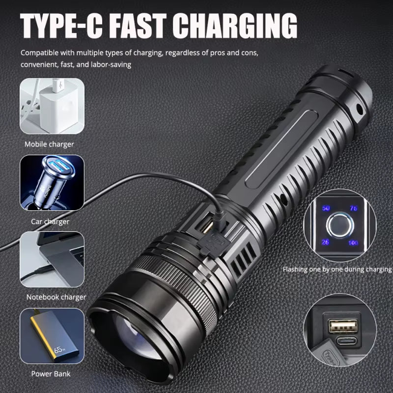 Built-In Battery Flash Light Emergency Spotlights 4Km 10000LM 1000W Most Powerful Led Flashlights Tactical