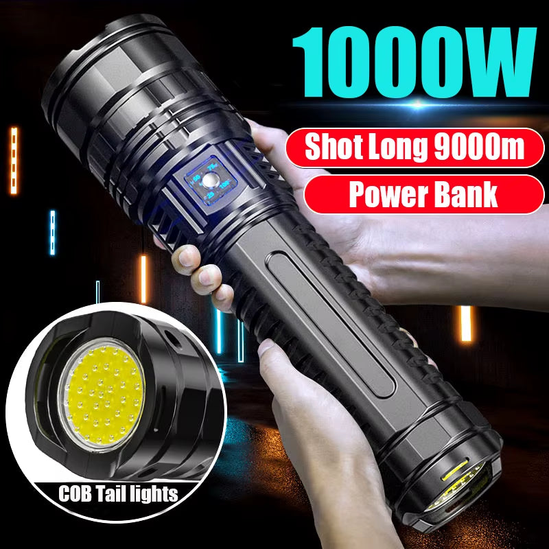 Built-In Battery Flash Light Emergency Spotlights 4Km 10000LM 1000W Most Powerful Led Flashlights Tactical