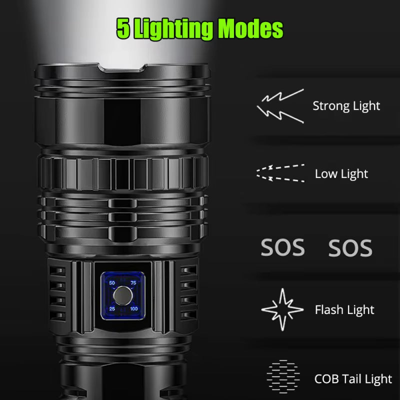 Built-In Battery Flash Light Emergency Spotlights 4Km 10000LM 1000W Most Powerful Led Flashlights Tactical